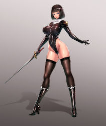 Rule 34 | 1girl, black hair, blue eyes, boots, breasts, covered erect nipples, epaulettes, full body, high heel boots, high heels, highleg, highleg leotard, holding, holding sword, holding weapon, impossible clothes, large breasts, latex, leotard, nun, original, rapier, rindou (radical dream), shiny clothes, short hair, skin tight, solo, sword, thighhighs, thong leotard, weapon