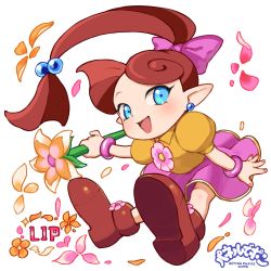 Rule 34 | 1girl, :d, asymmetrical hair, bangle, bent over, blue eyes, blush, boots, bow, bracelet, brown footwear, brown hair, child, collared dress, dress, earrings, fairy, flower, flower brooch, full body, hair bobbles, hair bow, hair ornament, hair tie, high ponytail, highres, holding, holding wand, holding weapon, jewelry, lip (panel de pon), long hair, looking at viewer, omaru gyuunyuu, open mouth, panel de pon, petals, pink bow, pink flower, pink skirt, pointy ears, ponytail, puffy sleeves, simple background, skirt, smile, solo, stud earrings, wand, weapon, white background, yellow dress