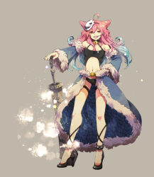 Rule 34 | 1girl, ahoge, bell, black footwear, black panties, black shirt, blue cape, blue hair, blue sleeves, breasts, cape, clothing cutout, commentary request, cone hair bun, contrapposto, detached sleeves, full body, fur-trimmed cape, fur-trimmed sleeves, fur trim, gradient hair, grey background, grin, hair between eyes, hair bun, halterneck, hand on own hip, high heels, holding, holding sword, holding weapon, jingle bell, long hair, looking at viewer, mask, mask on head, multicolored hair, navel, neck bell, orange eyes, panties, ragnarok online, red lips, shirt, simple background, small breasts, smile, solo, stalker (ragnarok online), standing, stomach cutout, sword, tokio (okt0w0), underwear, waist cape, weapon