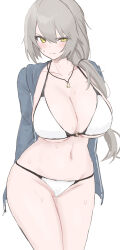 Rule 34 | 1girl, absurdres, bikini, blue jacket, blush, braid, breasts, ff frbb122, girls&#039; frontline, grey hair, groin, highres, jacket, jewelry, large breasts, long hair, looking at viewer, navel, necklace, open clothes, open jacket, simple background, solo, sweat, swimsuit, teeth, ump40 (girls&#039; frontline), wet, white background, white bikini, yellow eyes