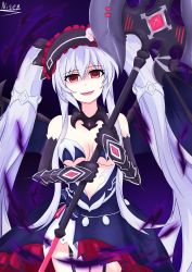 Rule 34 | absurdres, black dress, boots, breasts, clawed gauntlets, cleavage, collar, demon wings, dress, fairy fencer f, garter straps, hair ornament, hairband, high heel boots, high heels, highres, holding, holding weapon, lolita hairband, mega miracle force, neptune (series), nisen, noire (neptunia), open mouth, polearm, red eyes, spear, thighhighs, tiara (fairy fencer f), twintails, weapon, white hair, wings