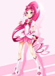 Rule 34 | 10s, 1girl, bad id, bad pixiv id, boots, cure blossom, gyuniku, hanasaki tsubomi, heart, heartcatch precure!, highres, knee boots, long hair, magical girl, pink background, pink eyes, pink hair, pink theme, ponytail, precure, skirt, smile, solo