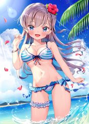 Rule 34 | 1girl, :d, bare shoulders, bikini, blue bikini, blue eyes, blue sky, blush, breasts, cleavage, cloud, collarbone, commentary request, day, earrings, flower, front-tie bikini top, front-tie top, grey hair, hair flower, hair ornament, highres, hisakawa hayate, idolmaster, idolmaster cinderella girls, idolmaster cinderella girls starlight stage, jewelry, long hair, medium breasts, nail polish, navel, ocean, open mouth, outdoors, palm tree, partially submerged, petals, pink nails, side-tie bikini bottom, sky, smile, solo, standing, striped bikini, striped clothes, swimsuit, thigh strap, tree, tudon (donut), very long hair, wading