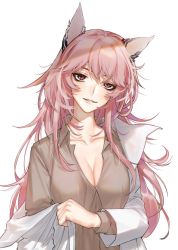 Rule 34 | 1girl, animal ears, bags under eyes, breasts, cat ears, cleavage, commentary request, girls&#039; frontline, lab coat, long hair, looking at viewer, medium breasts, messy hair, parted lips, persica (girls&#039; frontline), pink hair, red eyes, shirt, smile, solo, uhhgaoh, upper body