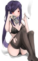 Rule 34 | 1girl, absurdres, alternate costume, beer can, black bra, blush, bra, breasts, can, cigarette, drink can, foam, fte (fifteen 199), full body, highres, holding, holding can, holding cigarette, jill stingray, long hair, looking at viewer, medium breasts, purple hair, red eyes, sidelocks, simple background, sitting, smoking, solo, swept bangs, thighhighs, torn clothes, torn thighhighs, twintails, underwear, va-11 hall-a, white background