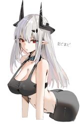 Rule 34 | 1girl, arknights, ass, bare shoulders, breasts, cleavage, collar, collarbone, cropped legs, grey hair, highres, horn/wood, horns, infection monitor (arknights), large breasts, leaning forward, long hair, looking at viewer, material growth, mudrock (arknights), oripathy lesion (arknights), pants, parted lips, pointy ears, red eyes, simple background, sports bra, strap gap, white background, yoga pants