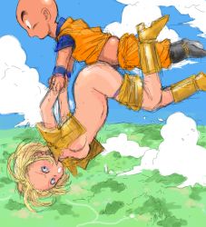 Rule 34 | 1boy, 1girl, android 18, bald, black footwear, blonde hair, blue eyes, boots, breasts, clothed sex, clothes pull, cloud, day, doggystyle, dougi, dragon ball, dragonball z, floating, from side, hetero, holding hands, interlocked fingers, kuririn, looking at another, midriff, nature, navel, nipples, oekaki, outdoors, sex, sex from behind, shorts, shorts pull, sketch, sky, small breasts, upside-down, vaginal, yellow footwear