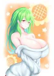 Rule 34 | 1girl, alternate hair length, alternate hairstyle, bare shoulders, breasts, cleavage, floral background, green hair, highres, huge breasts, kazami yuuka, light smile, long hair, off shoulder, orange background, red eyes, simple background, solo, suigetu26, sweater, tareme, touhou, upper body, v arms, white sweater