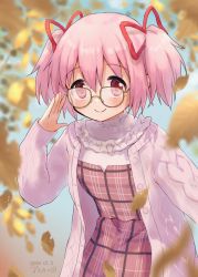 Rule 34 | 1girl, alternate costume, asukaru (magika ru), blue background, blurry, blush, dated, depth of field, dress, glasses, hair between eyes, highres, kaname madoka, leaf, looking at viewer, mahou shoujo madoka magica, mahou shoujo madoka magica (anime), obscured, outstretched arms, pink eyes, pink hair, short twintails, smile, solo, tagme, twintails, upper body, yellow leaves