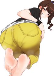 Rule 34 | 1girl, ass, ass focus, barefoot, black shirt, blue scrunchie, brown hair, commentary request, foreshortening, from behind, grin, hair ornament, hair scrunchie, hand on own ass, highres, idolmaster, idolmaster million live!, kneeling, leaning forward, light blush, looking at viewer, looking back, medium hair, minakamirin, pants, pantylines, pocket, print scrunchie, purple eyes, scrunchie, shirt, short sleeves, side ponytail, simple background, smile, soles, solo, star (symbol), star print, steaming body, toes, white background, wristband, yellow pants, yokoyama nao
