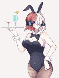 Rule 34 | 1girl, alternate costume, alternate hairstyle, bare arms, bare shoulders, bow, bowtie, breasts, cocktail glass, covered navel, cowboy shot, cup, detached collar, drinking glass, female focus, fishnet pantyhose, fishnets, hand on own hip, hand up, headphones, highres, holding, holding plate, large breasts, legs together, leotard, multicolored hair, one piece, pantyhose, plate, playboy bunny, purple eyes, rabbit ears, red hair, short hair, simple background, solo, standing, tareme, thick thighs, thighs, two-tone hair, uta (one piece), white background, white hair, wrist cuffs
