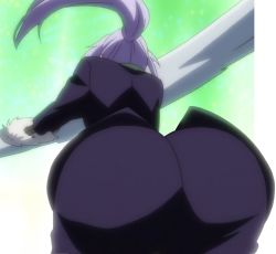 Rule 34 | 1girl, action, ass, ass focus, formal, from behind, from below, green background, highres, holding, holding sword, holding weapon, huge ass, jacket, long hair, office lady, pants, ponytail, purple hair, purple jacket, purple legwear, purple pants, purple suit, red wizard (artist), shion (tensei shitara slime datta ken), solo, suit, sword, tensei shitara slime datta ken, third-party edit, weapon