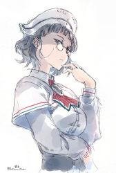 Rule 34 | 10s, 1girl, ascot, brown eyes, brown hair, capelet, eyewear strap, glasses, headdress, highres, kantai collection, looking down, pince-nez, roma (kancolle), short hair, solo, suzumaru, twitter username, upper body, wavy hair, white background