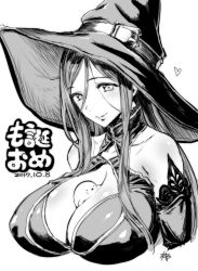 Rule 34 | 1girl, absurdres, bad id, bad pixiv id, blush, breasts, cleavage, closed mouth, copyright request, dated, greyscale, hat, hat belt, highres, huge breasts, ikuchan kaoru, long hair, looking at viewer, mature female, monochrome, simple background, smile, solo, upper body, white background, witch hat