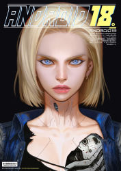 Rule 34 | 1girl, android 18, barcode, black background, blonde hair, blue eyes, character name, close-up, commentary, cover, cyborg, denim, denim jacket, dragon ball, dragonball z, earrings, english commentary, english text, etama quomo, fake magazine cover, jacket, jewelry, looking at viewer, magazine cover, mechanical parts, shirt, short hair, solo, torn clothes, torn shirt, translation request