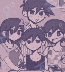 Rule 34 | 1girl, 3boys, antenna hair, arcade, arcade stick, aubrey (headspace) (omori), aubrey (omori), bare shoulders, bow, bright pupils, brothers, bubble, checkered clothes, checkered shirt, choichoice, closed mouth, coin, collarbone, collared shirt, controller, expressionless, game controller, hair between eyes, hair bow, hand on another&#039;s shoulder, hero (headspace) (omori), hero (omori), holding, holding coin, holding stuffed toy, joystick, kel (headspace) (omori), kel (omori), long hair, looking at another, monochrome, multiple boys, no pupils, omori, omori (omori), open mouth, pajamas, picture frame, shirt, short hair, short sleeves, siblings, sleeveless, smile, striped clothes, striped pajamas, striped shirt, stuffed eggplant, stuffed toy, tank top, teeth, upper teeth only, v-shaped eyebrows, vertical-striped clothes, vertical-striped pajamas, vertical-striped shirt