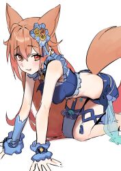 Rule 34 | 1girl, absurdres, all fours, animal ears, arm support, bare shoulders, blue shorts, blue thighhighs, breasts, brown hair, copyright request, fang, flower, hair between eyes, hair flower, hair ornament, highres, long hair, looking at viewer, medium breasts, red eyes, red flower, red rose, rose, see-through, short shorts, shorts, simple background, single thighhigh, sketch, smile, solo, syhan, tail, thighhighs, very long hair, virtual youtuber, white background, wrist cuffs, yellow flower, yellow rose