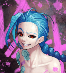 Rule 34 | 1girl, blue hair, braid, character name, female focus, gonster, grin, hairline, jinx (league of legends), league of legends, long hair, red eyes, smile, solo, tattoo, topless frame, upper body