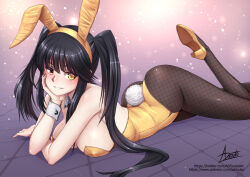 Rule 34 | 1girl, adsouto, animal ears, asymmetrical hair, black hair, clock eyes, date a live, detached collar, fake animal ears, fake tail, fishnet pantyhose, fishnets, grin, head rest, heterochromia, high heels, highres, leotard, long hair, looking at viewer, lying, on stomach, pantyhose, playboy bunny, rabbit ears, rabbit tail, red eyes, signature, smile, solo, strapless, strapless leotard, symbol-shaped pupils, tail, tokisaki kurumi, twintails, uneven twintails, variant set, wrist cuffs, yellow eyes, yellow leotard