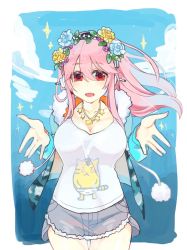 Rule 34 | 1girl, blush, breasts, flower, hair flower, hair ornament, head wreath, headphones, highres, large breasts, long hair, looking at viewer, nitroplus, open mouth, pink hair, pnd pon, red eyes, smile, solo, super sonico