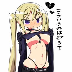 Rule 34 | 10s, 1girl, blonde hair, blush, breasts, commentary request, heart, kanikama, large breasts, lieselotte sherlock, long hair, lowres, navel, open mouth, purple eyes, simple background, solo, translated, trinity seven, twintails, underboob, white background