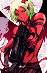 Rule 34 | 10s, 1boy, belt, chocora11, collar, double gold lacytanga, gender request, genderswap, green hair, gun, horns, image sample, male focus, panty &amp; stocking with garterbelt, pixiv sample, pointy ears, scanty (psg), topless male, short hair, smile, solo, spiked collar, spikes, tail, weapon, wings, yellow eyes