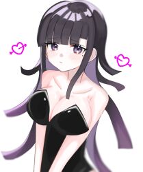 Rule 34 | 1girl, alternate costume, arrow through heart, bare shoulders, black dress, black hair, blush, breasts, cleavage, closed mouth, collarbone, danganronpa (series), danganronpa 2: goodbye despair, dress, frown, highres, large breasts, long hair, miko (deyodeyo855), mole, mole under eye, pink eyes, simple background, solo, tsumiki mikan, upper body, white background
