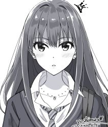 Rule 34 | 1girl, absurdres, blush, cardigan, dress shirt, earrings, greyscale, highres, idolmaster, idolmaster cinderella girls, jewelry, long hair, looking at viewer, monochrome, necklace, necktie, shibuya rin, shirt, short sleeves, simple background, solo, tazu, upper body, white background