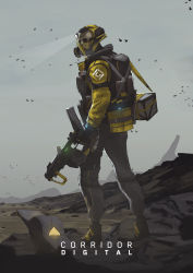 Rule 34 | absurdres, bag, bird, black gloves, boots, commentary, english commentary, faiz azhar, gas mask, gloves, grey sky, gun, headlamp, helmet, highres, holding, holding gun, holding weapon, jacket, looking at viewer, looking back, mask, original, outdoors, pants, skull, sky, solo, standing, weapon