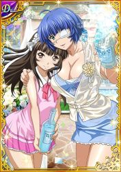 Rule 34 | 00s, 2girls, blue dress, blue hair, blush, bottle, breasts, brown hair, card (medium), cleavage, collarbone, dress, eyepatch, female focus, hand on another&#039;s head, holding, holding bottle, ikkitousen, large breasts, long hair, looking at viewer, maid headdress, medical eyepatch, mole, mole under eye, mole under mouth, multiple girls, official art, pink hair, ribbon, ryomou shimei, shiny skin, short hair, small breasts, smile, ten&#039;i (ikkitousen), wet, white ribbon