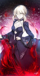 Rule 34 | &gt;:(, 1girl, artoria pendragon (all), artoria pendragon (fate), aura, black dress, blonde hair, braid, breasts, brown eyes, cleavage, closed mouth, collarbone, commentary request, dark aura, dress, excalibur morgan (fate), fate/stay night, fate (series), hair between eyes, holding, holding sword, holding weapon, long sleeves, looking at viewer, medium breasts, pale skin, saber alter, sasakuma kyouta, sidelocks, signature, solo, sword, v-shaped eyebrows, weapon, wide sleeves