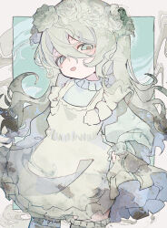 Rule 34 | 1girl, absurdres, black ribbon, border, commentary request, cowboy shot, dress, falling petals, floral print, flower, flower wreath, frilled dress, frilled shirt collar, frilled thighhighs, frills, gauze, gauze on cheek, green background, green eyes, hair between eyes, highres, long hair, long sleeves, looking at viewer, neck ribbon, open mouth, original, outside border, petals, puffy long sleeves, puffy sleeves, ribbon, rose, rose print, skirt basket, skirt hold, smile, solo, soresaki, thighhighs, white border, white dress, white flower, white hair, white rose, white thighhighs, zettai ryouiki