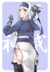 Rule 34 | 1girl, ainu clothes, arm wrap, text background, bandana, blue background, blue eyes, border, cowboy shot, cropped jacket, folded ponytail, from behind, fundoshi, headband, highres, japanese clothes, kamoi (kancolle), kantai collection, looking at viewer, looking back, minosu, pelvic curtain, sidelocks, solo, thick eyebrows, thighhighs, two-tone background, white border, white hair, wrist guards