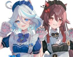 2girls ahoge alternate_costume animal_ears animal_hands black_dress blue_bow blue_bowtie blue_dress blue_eyes blue_gemstone blue_hair bow bowtie brown_hair cat_ears dress drop-shaped_pupils fangs flower flower-shaped_pupils furina_(genshin_impact) gem genshin_impact gloves grey_hair hair_between_eyes hair_flower hair_ornament hanato_(seonoaiko) hand_up heterochromia hu_tao_(genshin_impact) long_hair looking_at_viewer multicolored_hair multiple_girls open_mouth paw_gloves red_eyes short_hair short_sleeves simple_background smile symbol-shaped_pupils upper_body vision_(genshin_impact) white_background white_gloves