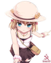 Rule 34 | 1girl, :t, bag, black skirt, black thighhighs, blonde hair, blue eyes, bow, camisole, casual, commentary, cowboy shot, cyrillic, dated, emblem, flower, frown, girls und panzer, grabbing, hair bow, handbag, hat, hat flower, jewelry, kasai shin, katyusha (girls und panzer), lace, lace-trimmed skirt, lace trim, leaning forward, looking at viewer, miniskirt, name tag, necklace, pink bow, pink scrunchie, pointing, pov, pravda (emblem), reaching, reaching towards viewer, russian text, scrunchie, shirt, short hair, simple background, skirt, solo, standing, sun hat, thighhighs, white background, white hat, white scrunchie, white shirt, wrist scrunchie