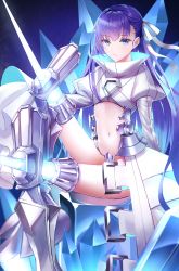 Rule 34 | 1girl, absurdres, armored boots, blue eyes, boa sorte, boots, breasts, closed mouth, cropped jacket, crossed legs, crotch plate, fate/extra, fate/extra ccc, fate/grand order, fate (series), hair ribbon, highres, jacket, long hair, long sleeves, looking at viewer, meltryllis (fate), meltryllis (third ascension) (fate), navel, prosthesis, prosthetic leg, purple hair, ribbon, sleeves past fingers, sleeves past wrists, small breasts, solo, very long hair, white jacket, white ribbon