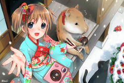 Rule 34 | 1girl, :d, ^^^, black cat, black eyes, boar, bowl, brown hair, camellia, cat, chopsticks, flower, food, from above, hair ornament, japanese clothes, kasukabe akira, kimono, looking up, mochi, new year, obi, open mouth, outstretched hand, perspective, sash, short twintails, signature, sitting, smile, snow, snowing, solo, tray, twintails, veranda, wagashi