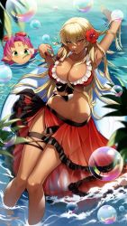 Rule 34 | 2girls, alternate costume, aqua eyes, bikini, blonde hair, blurry, blurry foreground, breasts, bubble, blowing bubbles, cleavage, cluseller, commentary request, commission, dark-skinned female, dark skin, day, depth of field, unworn eyewear, facial mark, fae (fire emblem), female focus, fire emblem, fire emblem: the binding blade, flower, food, frilled bikini, frills, groin, hair between breasts, hair between eyes, hair flower, hair ornament, hibiscus, highres, holding, holding removed eyewear, igrene (fire emblem), large breasts, long hair, looking at viewer, matching hair/eyes, mole, mole under eye, multiple girls, navel, nintendo, outdoors, partially submerged, pink hair, pointy ears, red bikini, see-through, shiny skin, skeb commission, smile, soaking feet, solo focus, sunglasses, swimsuit, thigh strap, thighs, very long hair, water
