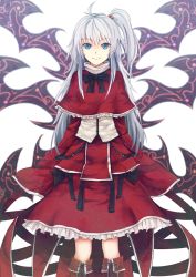 Rule 34 | 1girl, bad id, bad pixiv id, blue eyes, boots, capelet, cibo (killy), cross-laced footwear, dress, hair bobbles, hair ornament, long hair, long sleeves, looking at viewer, multiple wings, one side up, red dress, shinki (touhou), silver hair, smile, solo, touhou, touhou (pc-98), very long hair, wide sleeves, wings