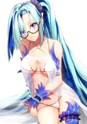 Rule 34 | 1girl, bare shoulders, bikini, blue hair, breasts, bridal garter, brynhildr (fate), brynhildr (swimsuit berserker) (fate), brynhildr (swimsuit berserker) (first ascension) (fate), closed mouth, collarbone, fate/grand order, fate (series), glasses, highres, large breasts, long hair, looking at viewer, navel, purple eyes, side ponytail, simple background, sitting, spica (starlitworks), swimsuit, thighs, white background, white bikini