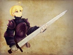 Rule 34 | 1boy, ahoge, armor, blonde hair, breastplate, brown background, closed mouth, final fantasy, final fantasy tactics, gloves, hair between eyes, holding, holding sword, holding weapon, little grey wolf, long sleeves, male focus, orange eyes, pauldrons, ramza beoulve, short hair, shoulder armor, shoulder spikes, solo, spikes, standing, sword, turtleneck, weapon, white gloves