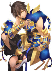 Rule 34 | 1boy, abs, absurdres, ahoge, animal, animal ears, brown hair, cat, cat ears, dark skin, dark-skinned male, egyptian, egyptian clothes, fate/grand order, fate/prototype, fate/prototype: fragments of blue and silver, fate (series), gauntlets, hair between eyes, highres, holding, holding animal, holding cat, hoshi rasuku, jewelry, looking to the side, male focus, muscular, necklace, ozymandias (fate), simple background, sitting, solo, tail, white background, wings, yellow eyes