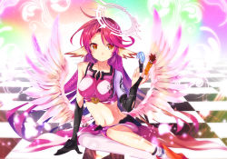 Rule 34 | 10s, 1girl, 2mota, :&lt;, asymmetrical gloves, asymmetrical legwear, bare shoulders, black gloves, breasts, bridal gauntlets, checkered floor, chess piece, colorful, spiked halo, elbow gloves, expressionless, feathered wings, female focus, floor, full body, gloves, gradient hair, halo, impossible clothes, jibril (no game no life), long hair, low wings, midriff, mismatched gloves, mismatched legwear, multicolored hair, navel, no game no life, orange eyes, parted bangs, pink hair, purple hair, ringed eyes, shiny clothes, shiny skin, shiro (no game no life), shoes, single shoe, single sock, single thighhigh, sitting, socks, solo, solo focus, sora (no game no life), tareme, tattoo, thighhighs, very long hair, white wings, wing ears, wings, yokozuwari
