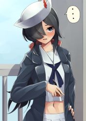 Rule 34 | 1girl, bad id, bad pixiv id, black coat, black eyes, black hair, blouse, blue neckerchief, blue sky, blush, bow, coat, commentary, dark-skinned female, dark skin, day, dixie cup hat, girls und panzer, hair bow, hair over one eye, hand on own hip, hat, hat feather, highres, holding, holding smoking pipe, kakimoto nao, long hair, long sleeves, looking at viewer, midriff, military hat, navel, neckerchief, ogin (girls und panzer), ooarai naval school uniform, open clothes, open coat, open mouth, outdoors, pleated skirt, ponytail, red bow, sailor, sailor collar, school uniform, shirt, skirt, sky, smoking pipe, solo, standing, tilted headwear, white hat, white shirt, white skirt