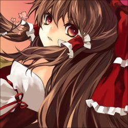 Rule 34 | 1girl, bow, brown eyes, brown hair, cherry blossoms, detached sleeves, female focus, hakurei reimu, hina (pico), hina (pixiv), japanese clothes, long hair, lowres, miko, ribbon, solo, touhou