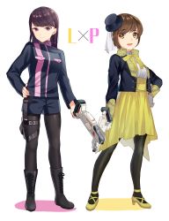Rule 34 | &gt;:), 2girls, :d, absurdres, animification, black footwear, black jacket, black shorts, blue hat, boots, bow, breasts, brown eyes, brown hair, brown legwear, closed mouth, colored shadow, commentary request, cross-laced footwear, derori, fingernails, flower, gloves, gun, hand on own hip, hat, hayami umika, high-waist skirt, high heels, highres, holding, holding gun, holding weapon, jacket, kaitou sentai lupinranger vs. keisatsu sentai patranger, lace-up boots, long hair, long sleeves, mini hat, mini top hat, multiple girls, myoujin tsukasa, open clothes, open jacket, open mouth, pantyhose, purple eyes, see-through, shadow, shirt, shoes, short shorts, shorts, simple background, skirt, small breasts, smile, standing, super sentai, tilted headwear, top hat, v-shaped eyebrows, weapon, weapon request, white background, white gloves, white shirt, yellow bow, yellow flower, yellow skirt