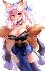 Rule 34 | 10s, 1girl, animal ears, bare shoulders, blue thighhighs, blush, breasts, cherry blossoms, cowboy shot, fate/extra, fate/extra ccc, fate/grand order, fate (series), fox ears, fox tail, gendo0032, hair ribbon, holding own tail, large breasts, looking at viewer, multiple tails, open mouth, petals, pink hair, ribbon, simple background, sleeveless, solo, tail, tamamo (fate), tamamo no mae (fate/extra), thighhighs, white background, yellow eyes