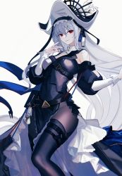 Rule 34 | 1girl, arknights, ateoyh, bare shoulders, black dress, black nails, black pantyhose, breasts, detached sleeves, dress, feet out of frame, grey background, grey hair, hat, highres, long hair, long sleeves, looking at viewer, medium breasts, nail polish, pantyhose, red eyes, simple background, smile, solo, specter (arknights), specter the unchained (arknights), thigh strap, thighs, very long hair