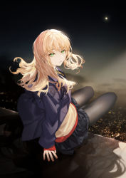 Rule 34 | 1girl, arlizi, arm support, black pantyhose, black skirt, blonde hair, blue jacket, cityscape, commentary, feet out of frame, full moon, green eyes, gridman universe, highres, jacket, ledge, looking at viewer, looking back, minami yume, moon, night, night sky, open clothes, open jacket, pantyhose, parted lips, pleated skirt, red shirt, shirt, short hair, sitting, skirt, sky, solo, ssss.dynazenon, undershirt, vest, yellow vest