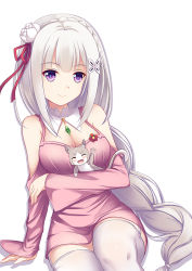 Rule 34 | 10s, 1girl, ^ ^, arm at side, arm support, arm up, bare shoulders, blush, blush stickers, braid, breasts, cat, cleavage, closed eyes, closed mouth, clothing cutout, collaboration, collaboration request, crown braid, crystal, dress, elf, emilia (re:zero), euforia, eyebrows, flower, garter straps, hair flower, hair ornament, hair ribbon, leaning to the side, long hair, long sleeves, looking at viewer, medium breasts, pack (re:zero), pointy ears, puck (re:zero), purple eyes, re:zero kara hajimeru isekai seikatsu, red flower, red ribbon, ribbon, short dress, shoulder cutout, silver hair, simple background, sitting, smile, thighhighs, very long hair, waving arm, white background, white flower, white thighhighs